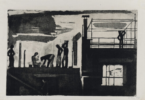 Παναγιώτης Τέτσης (1925-2016)<br/>
Οικοδομή, 1964<br/>
Χαλκογραφία, ακουατίντα σε χαρτί<br/>
Εθνική Πινακοθήκη-Μουσείο Αλεξάνδρου Σούτσου, αρ. έργου 3092